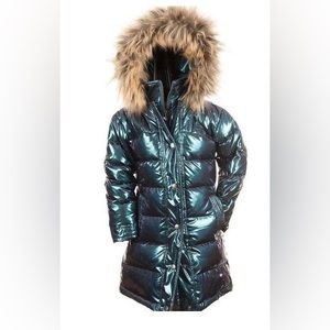 Appaman Kids Long Down Hooded Puffer Coat Sparkle Ocean Size 14